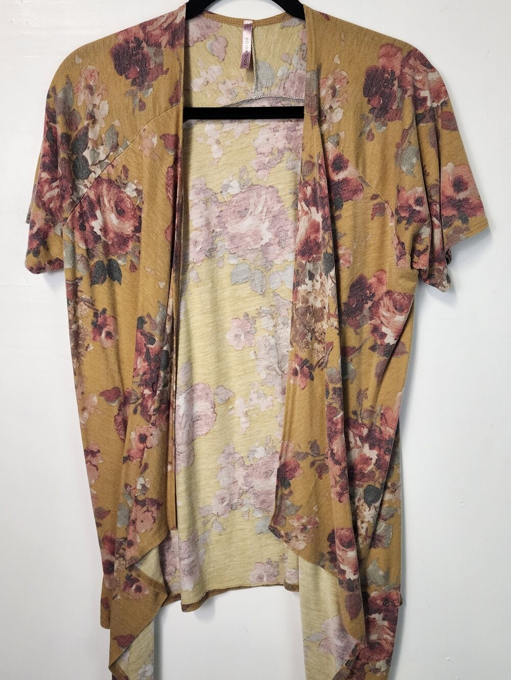 Cool Melon Mustard Floral Draped Cardigan Open Front Lightweight Sz Small